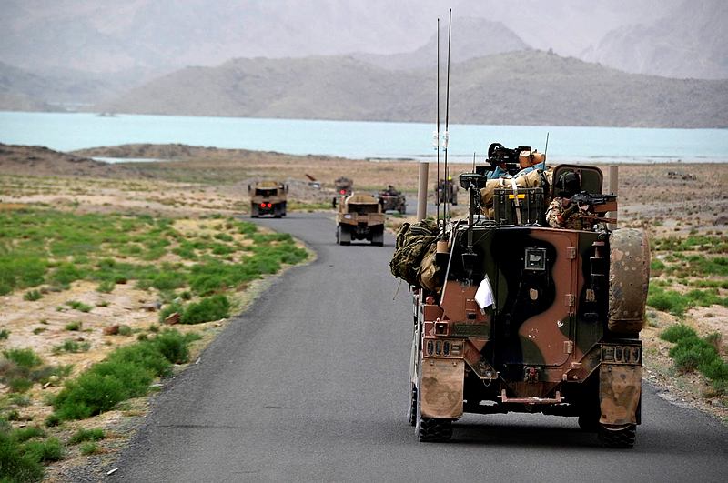 Around 100 Australian and Afghan National Army vehicles travelled past Arghandab Dam, near Kandahar City, during Operation Tor Ghar IV.