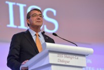 Secretary of Defense Ash Carter delivers the keynote address to kickoff the Shangri-La Dialogue in Singapore, May 30, 2015. Carter spoke of strengthening relations between Asia-Pacific nations and countered provocative land reclamation efforts by China.