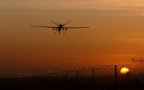 A Reaper Remotely Piloted Air System (RPAS) comes into land at Kandahar Airbase in Helmand, Afghanistan.