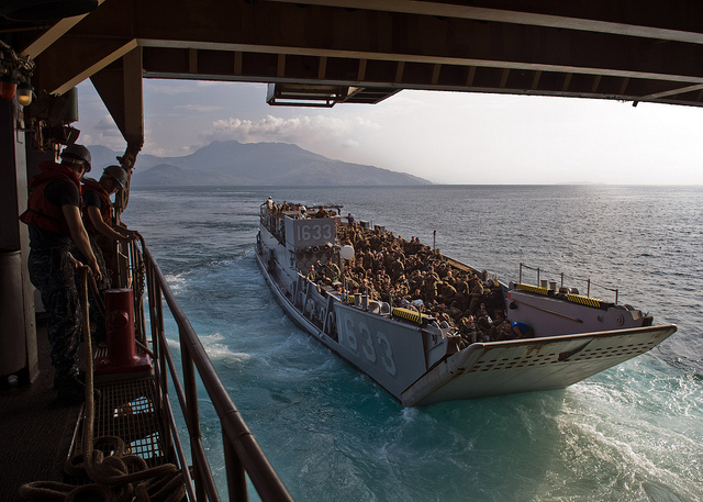 SOUTH CHINA SEA (June 27, 2013) Landing Craft Utility (LCU) 1633 exits the well deck of the forward-deployed amphibious dock landing ship USS Tortuga (LSD 46).