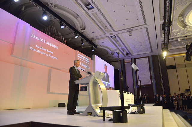 Singapore's Prime Minister Lee Hsien Loong makes opening remarks at the opening dinner of the Shangri-La Dialogue in Singapore, May 29, 2015. DoD Photo by Glenn Fawcett (Released)