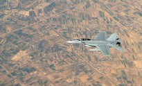 A Royal Australian Air Force F/A-18F Super Hornet aircraft sorties through the skies of Iraq on an Australian Air Task Group mission.