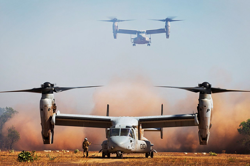 United States Marines Corps V-22 Ospreys from 265th Tiltrotor Squadron, 31st Marine Expeditionary Unit, land at Fog Bay Northern Territory, during Exercise Talisman Sabre 2015.