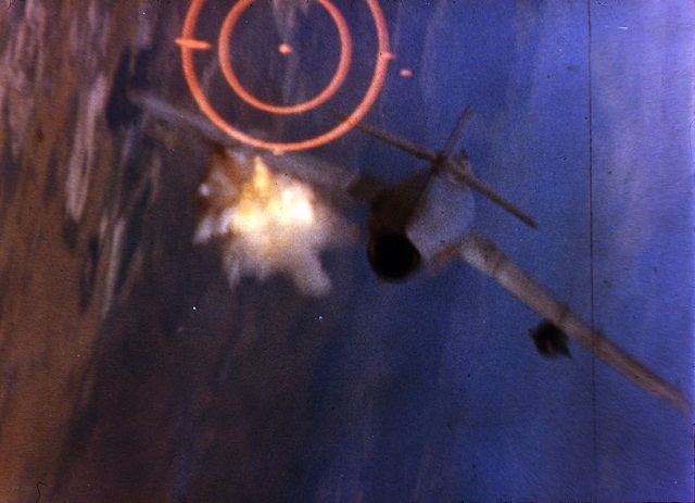 A North Vietnamese MiG-17 in the gunsight of an F-105 Thunderchief in 1967.