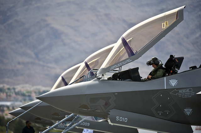 Capt. Brad Matherne conducts preflight checks inside an F-35A Lightning II before a training mission April 4 at Nellis Air Force Base, Nev. 