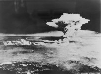 HIROSHIMA, JAPAN, 1945. THE FIRST ATOM BOMB WAS DROPPED ON HIROSHIMA ON 1945-08-06. SHOWN, THE MUSHROOM CLOUD RISING AFTER THE IMPACT. (PHOTOGRAPH DONATED BY MR HIROSHI MIYAZAWA, GOVERNOR OF THE PREFECTURE OF HIROSHIMA).
