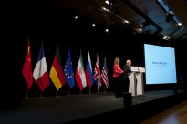 The Iran Deal is announced by EU High Representative Federica Mogherini and Iran Foreign Minister Javad Zarif at the venue of the nuclear talks in Vienna, Austria on July 14, 2015.