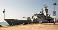 HMAS Perth alongside at Changi Naval Base in Singapore as part of the International Maritime Defence Exhibition (IMDEX) Asia 2015.