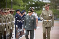 Chief of Joint Staff Office, Japan Self-Defense Forces, Lieutenant General Toshiya Okabe inspects Australia's Federation Guard during a counterpart visit to Russell Offices, Canberra.