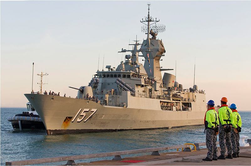 Royal Australian Navy Boatswains Mates from HMAS Larrakia, ready for the arrival of HMAS Perth into the Port of Darwin, arriving in preparation for the commencement of Exercise TALISMAN SABRE 2015.