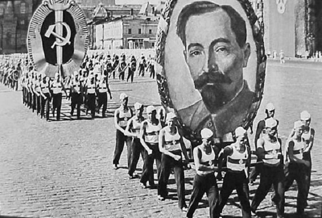 Picture of Dzerzhinsky, first director of the Cheka, in a parade in Moscow Red Square in 1936