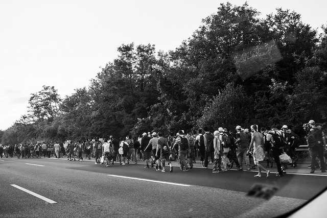Sep 4, 2015: Refugees on the Hungarian M1 highway on their march towards the Austrian border