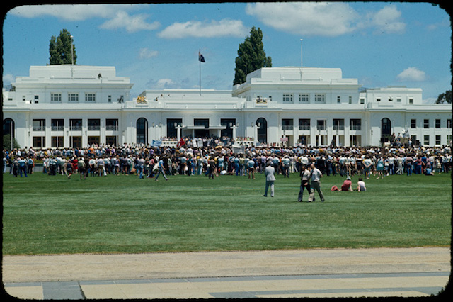 Lunchtime rally outside Parliament House showing support for Prime Minister Gough Whitlam after dissolution of the Parliament by Governor General Sir John Kerr, 1975 