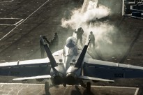 ATLANTIC OCEAN (Nov. 16, 2015) Sailors direct an EA-18G Growler, assigned to the “Patriots” of Electronic Attack Squadron (VAQ) 140, on the flight deck of aircraft carrier USS Harry S. Truman (CVN 75).