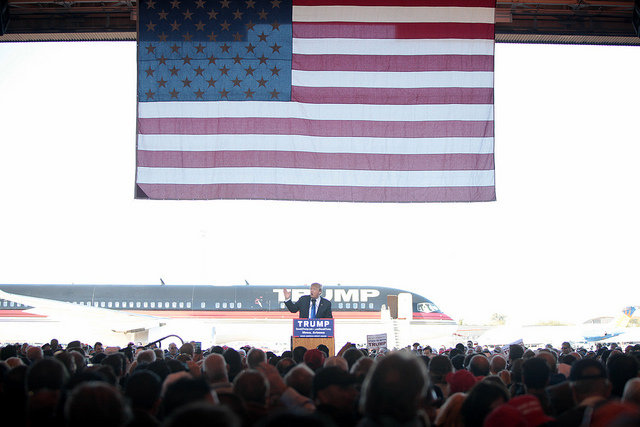 Donald Trump speaking with supporters at a hangar at Mesa Gateway Airport in Mesa, Arizona.