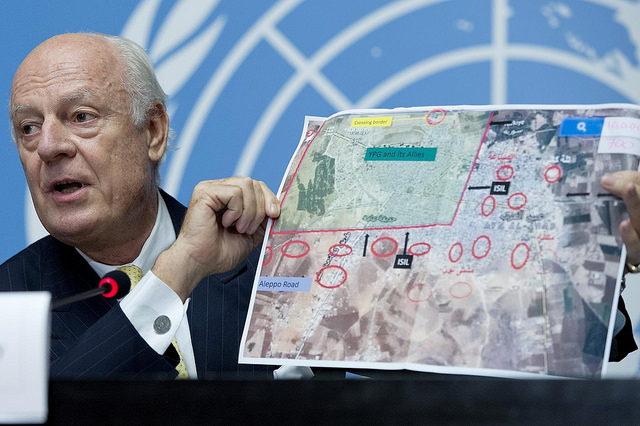 Staffan de Mistura, United Nations, Special Envoy for Syria speaks at a his first press conference at Geneva. 10 October 2014