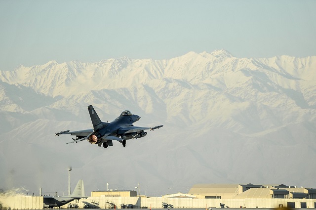 An F-16 Fighting Falcon aircraft takes off for a combat sortie from Bagram Airfield, Afghanistan Feb. 1, 2016.