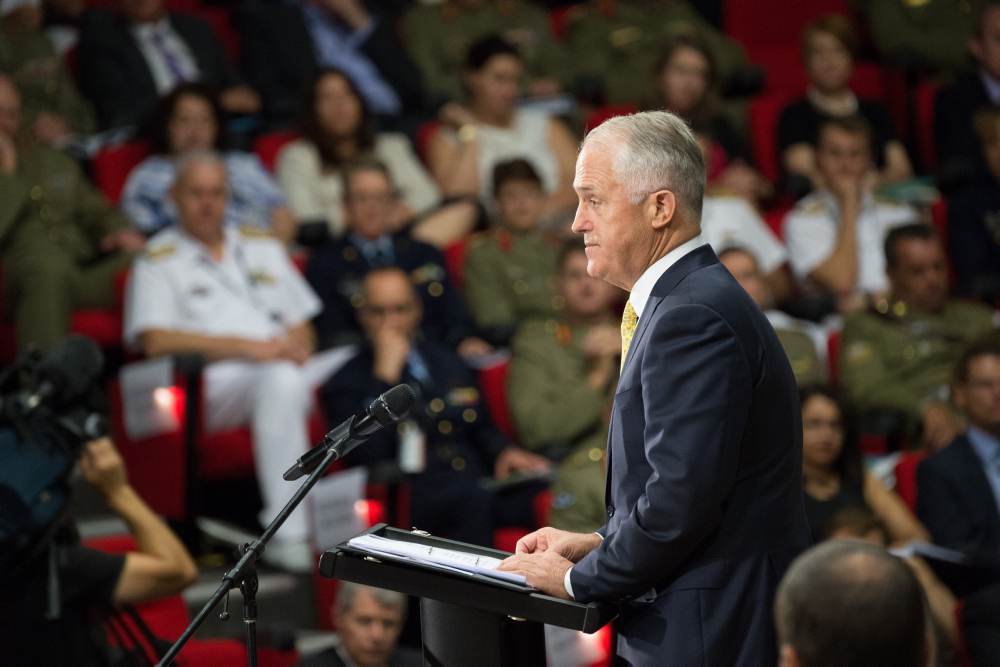 Prime Minister of Australia, the Hon Malcolm Turnbull MP, launches the 2016 Defence White Paper at the Australian Defence Force Academy (ADFA) in Canberra. *** Local Caption *** On 25 February 2016, the Prime Minister, The Hon Malcolm Turnbull, MP, and the Minister for Defence, Senator The Hon Marise Payne released the 2016 Defence White Paper, the Integrated Investment Program and the Defence Industry Policy Statement. Together, these three documents set out the Government's direction to Defence to guide our strategy, capability, and organisational and budget planning.