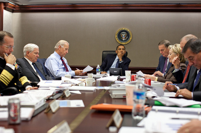 President Barack Obama listens during a meeting about the current situation in Pakistan Oct. 7, 2009 in the Situation Room of the White House. Left to right, Adm. Michael Mullen, chairman of the Joint Chiefs of Staff; Defense Secretary Robert Gates; Vice President Joe Biden; the President; National Security Advisor Gen. James Jones; Secretary of State Hillary Clinton; Director of National Intelligence Adm. Dennis C. Blair (partially obscured); and CIA Director Leon Panetta. (Official White House photo by Pete Souza)